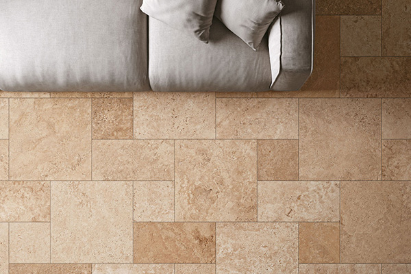 Travertine effect tiles living room